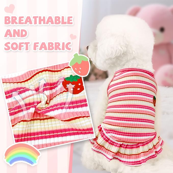 Cute Small Dog Dress Girl Female Dog Clothes Spring Summer Pet Puppy Cats Striped Dress Outfits for Shih Tzu Yorkies Chihuahua Maltese(Strawberry Pink,Medium)