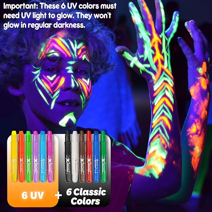 nsxsu Face Paint Sticks for Kids 12 Colors, Washable Face Painting Crayons for Children, Mess-Free Body Paint Pens Kit for Birthday Party Creative Play, Toddler Stocking Stuffers Halloween Makeup