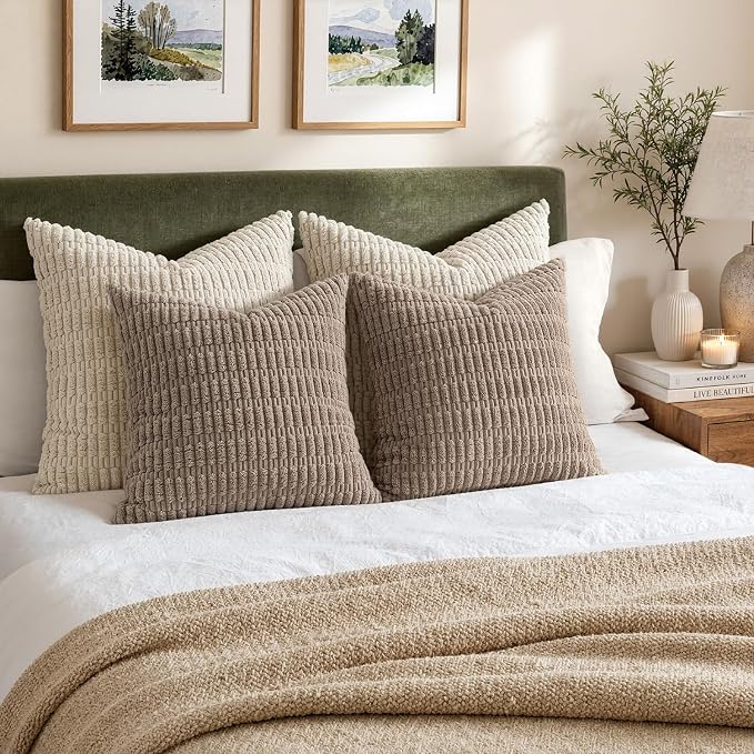 MIULEE Corduroy Decorative Throw Pillow Covers 18x18 Light Brown Pack of 2 | Soft Boho Striped Pillow Covers Modern Farmhouse Fall Home Decor For Sofa Living Room Couch Bed