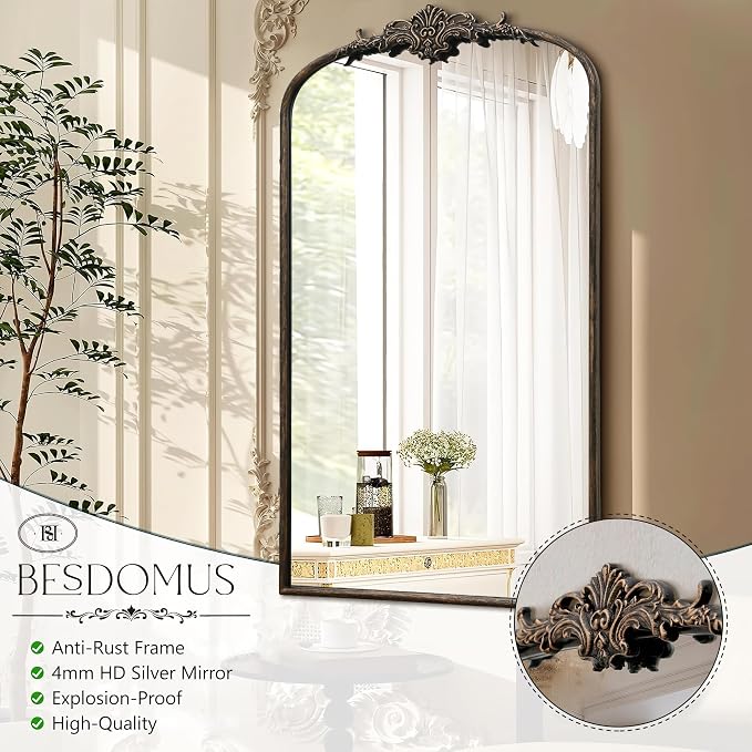 Besdomus Vintage Large Wall Mirror: 24"x42" French Black Arched Decorative | Antique Metal Framed Vanity Mirrors - Baroque Traditional Ornate for Hallway/Bath V/Fireplace - Ideal for Bath Remodeling