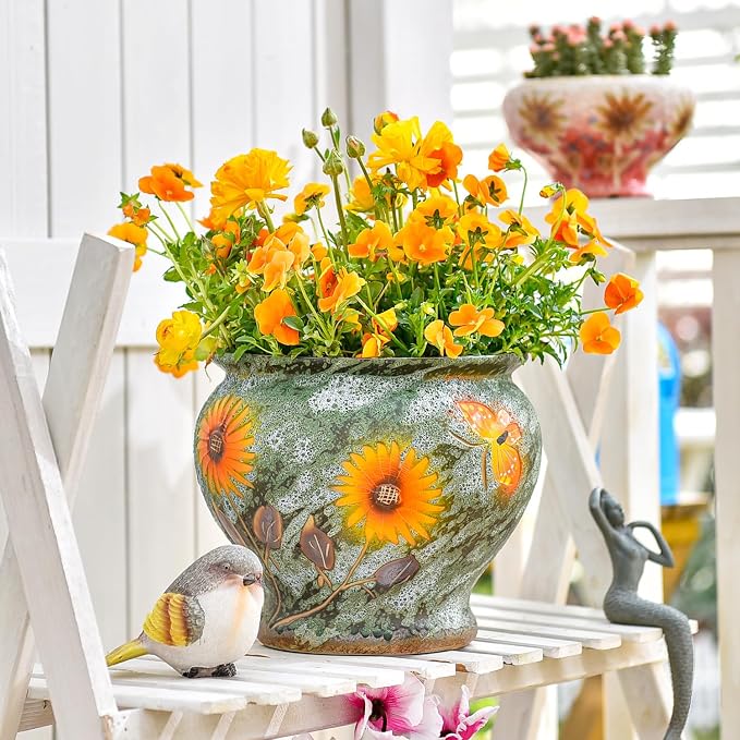 Sungmor 9 Inch Hand Painted Ceramic Succulent Plant Pots - Green & Daisy | Vintage Decorative Pottery Planters for Indoor Outdoor Plants, Table Centerpieces & Flower Arrangement Home Decor