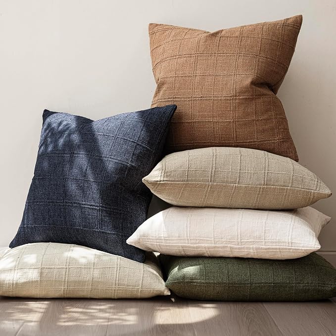Foindtower Set of 2 Decorative Linen Check Throw Pillow Covers Neutral Farmhouse Lumbar Cushion Covers Modern Boho Home Decor for Sofa Chair Couch Bedroom Living Room,12×20 Inch,Brick