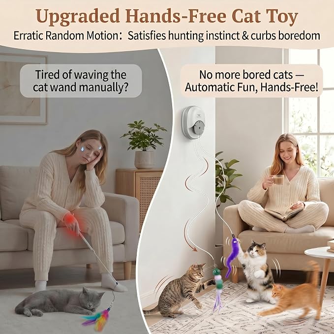 Interactive Cat Toys for Indoor Cats, Automatic Wand Cat Toy with 2 Smart Motion Modes, USB Rechargeable Electric Teaser with Clip, Self Play Enrichment Toy for Bored Kittens & Adult Cats