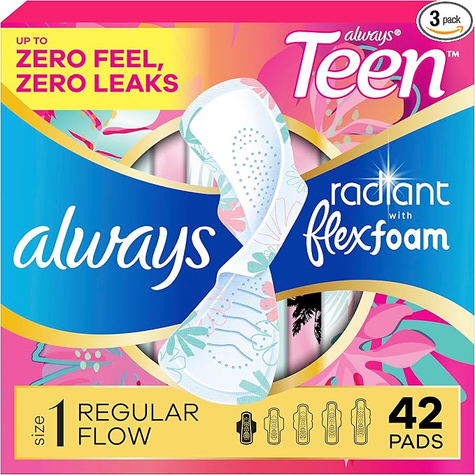 Always Radiant Teen Pads, Size 1, Regular, with Wings, Unscented, 126 Count, Pakc of 3