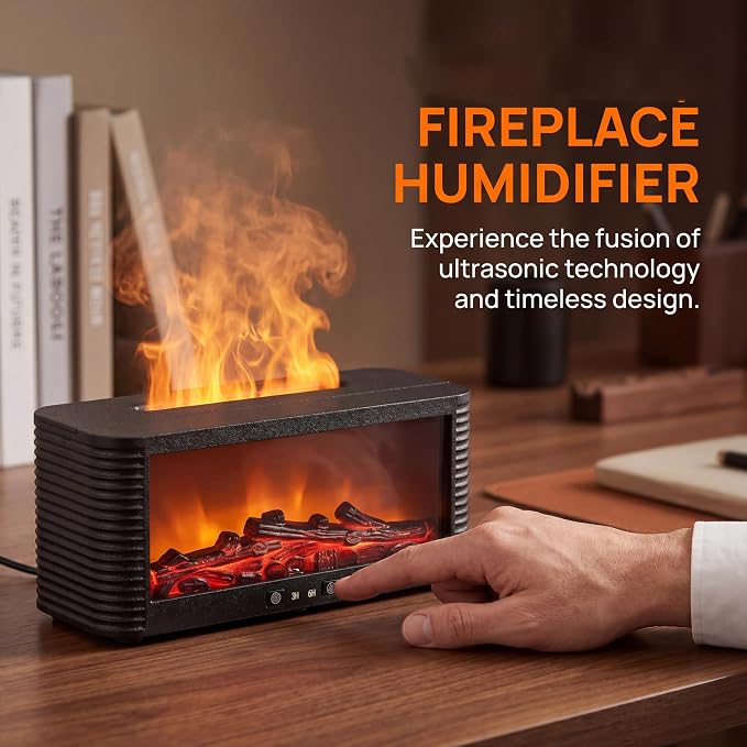 250ML Fireplace Flame Aroma Diffuser, Simulated Fire Effect Essential Oil Diffuser Humidifier with 9 Colors Changing LED Lights, 3H/6H Auto Shut-Off Timer, for Home Bedroom Office, Black