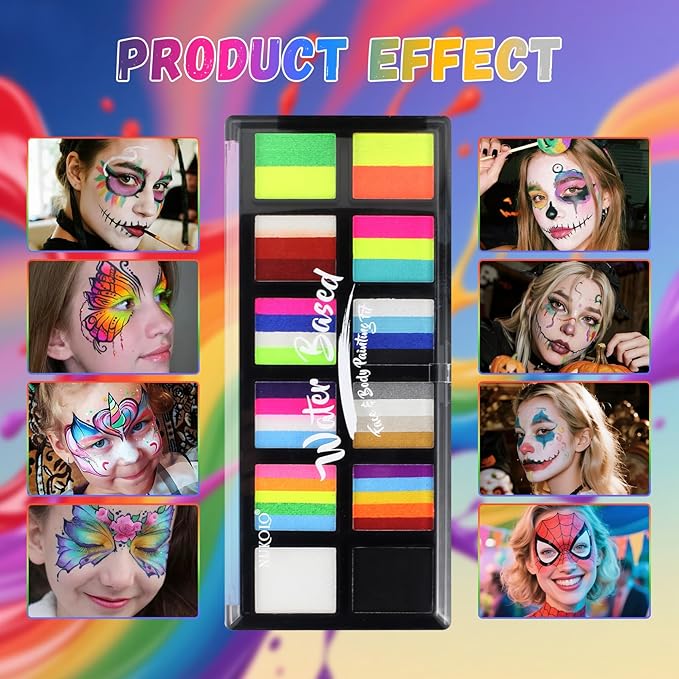 Face Paint Kit for Kids & Adults - 12 Color Rainbow Split Cake Face Painting Kit with 4 Brushes, Water Activated Face Paint Palette, Professional Facepaint Makeup Set for Kids Party Halloween Cosplay