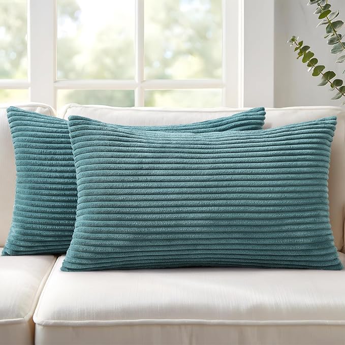Mecatny Corduroy Decorative Throw Pillow Covers 12x20 Set of 2 Teal | Soft Striped Texture, Hidden Zipper Design, Neutral Boho Lumbar Pillow Cases for Sofa Couch Living Room Bedroom, Home Décor