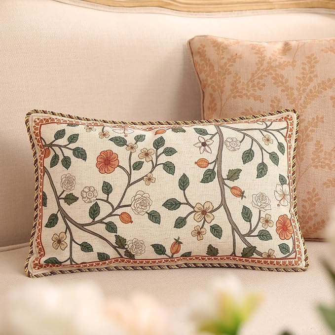 Designer Elegant Linen Throw Pillow Cover,Set of 2,20"x12"-Flora A | French Rectangle Decor Pillow Cover,Concealed Zipper Design,Floral Pattern,Sofa,Bedroom,Living Room,Lounge Chairs