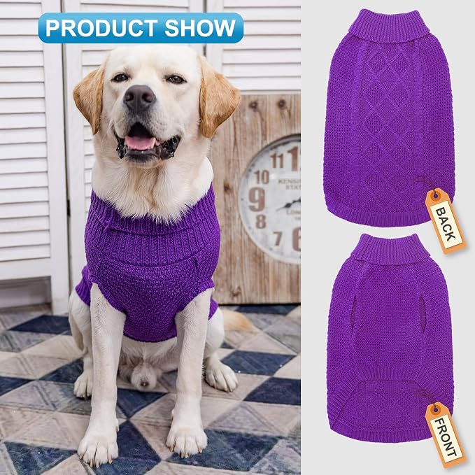 Mihachi Turtleneck Dog Sweater - Winter Coat Apparel Classic Cable Knit Clothes with Leash Hole for Cold Weather, Ideal Gift for Pet in New Year Purple Medium/Large