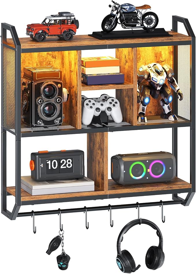 HOOBRO Gaming Floating Shelf with LED Lights, 28.7" LED Wall Mounted Shelf, 3-Tier Display Rack for Wall Storage, Floating Rack with Hanging Rod and 6 S-Hooks, Rustic Brown and Black BF70DBJ01