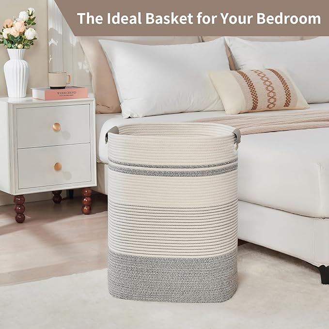 Laundry Hamper, 85L Cotton Rope Laundry Basket, Grey & White | Foldable nursery hamper with leather handles; store blankets, toys, baby clothes and laundry in bedroom or living room