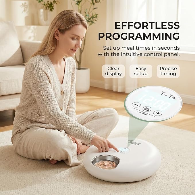 Ownpets Automatic Wet Food Feeder, 6 Meals Auto Dispenser with Timer | Stainless Tray, 2 Ice Packs, Cordless Design, 30-Day Battery Rechargeable, For Cats & Small Dogs, Easy Clean, White
