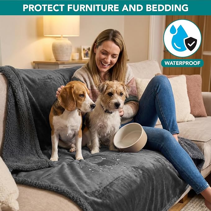 PetAmi Waterproof Dog Blanket for Large Dog Cat Pet, 60x80, Grey Sherpa | 460 GSM Sherpa Fleece Reversible, Pee Proof, Furniture Protector Cover for Couch Sofa Bed Kennel, Washable, Extra Large