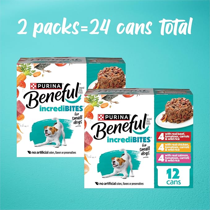 Purina Beneful Small Breed Wet Dog Food Variety Pack, IncrediBites With Real Beef, Chicken and Salmon - (2 Packs of 12) 3 oz. Cans