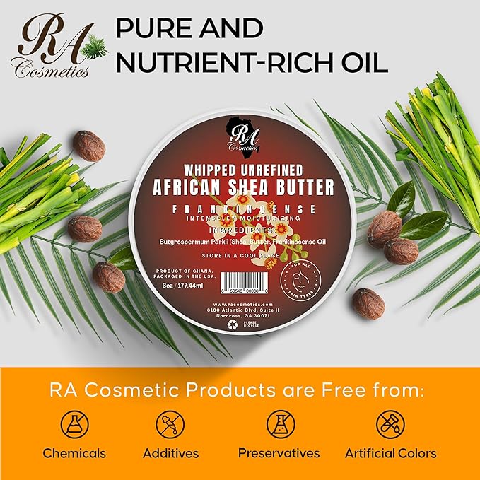 RA COSMETICS Whipped Shea Butter Frankincense - 6oz | 100% Pure & Natural African Shea Butter for Men & Women - Handcrafted Moisturizer with Essential Vitamins for Softer Lips, Healthier Skin & Hair