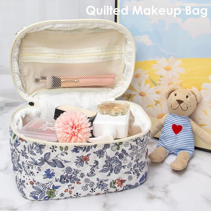 PAZIMIIK 3PCS Makeup Bag SET Large Travel Quilted Zipper Soft Cosmetic Case Pouch for Women Girls Make Up,Leaf White