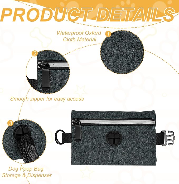 Dog Poop Bag Holder, Pet Waste Bag Dispenser Dog Treat Pouch with Zipper Oxford Cloth Portable Reusable Easy Cleanup(2Pcs, Black), Intended for Outdoor/Travel/Walking