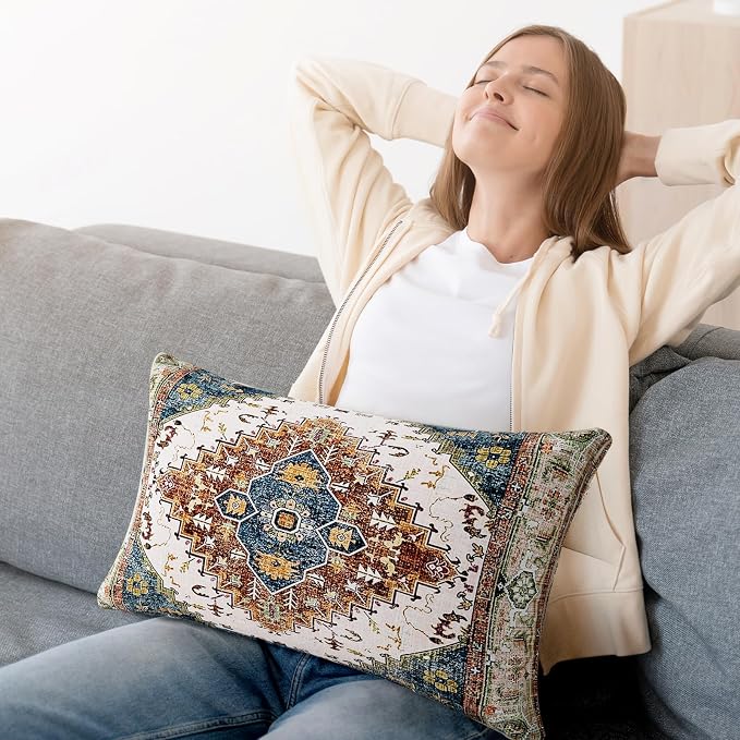 Boho Throw Pillow Covers 12x20 inch Set of 2,Soft Pillowcases Bohemia Carpet Printing Pattern Decorative Sofa Living Room Bed Rectangle Pillow Case Cushion Cover-Blue Green