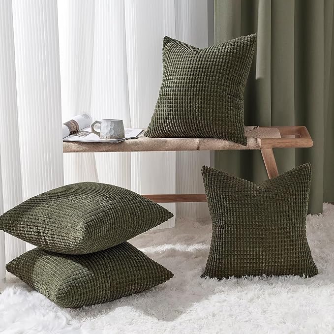 Topfinel 22x22 Inch Decorative Throw Pillow Covers Soft Corduroy Boho Stripe Textured OliveGreen Pillow Covers Set of 4 Spring Farmhouse Home Decor for Living Room Couch Sofa Bed