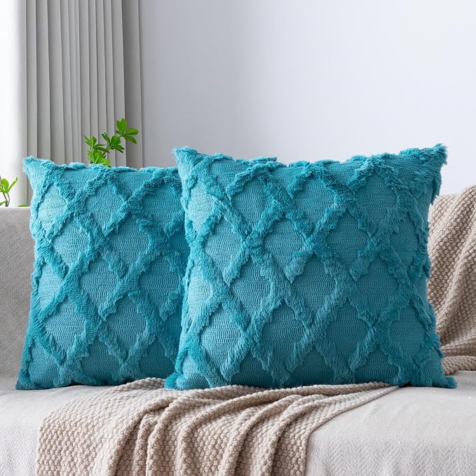 Set of 2 Soft Moroccan Throw Pillow Covers 16x16 Inch Plush Boho Decorative Pillow Cover Accent Cushion Case for Couch Sofa Bed, Teal