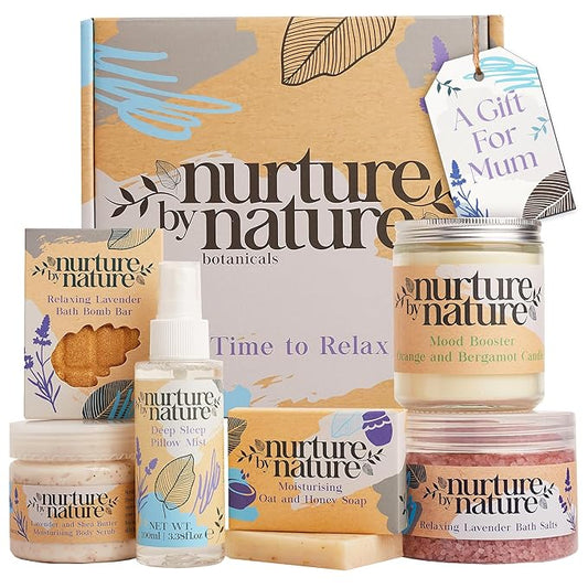 Nurture by Nature Spa Gifts for Women - Self Care Gift Set & Spa Gift Basket for Women, 6 Piece Bath Set with Candle, Bath Bomb, Salts & Pillow Spray - Relaxation Gifts, Mothers Day Gifts for Mom