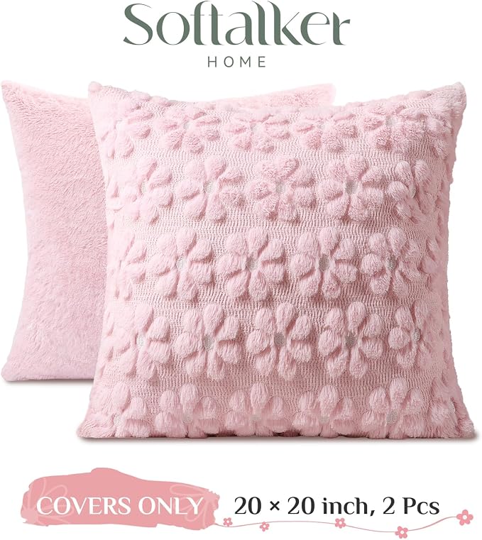 Softalker Spring Decorative Throw Pillow Covers 20 x 20 Inch Set of 2, Farmhouse Summer Floral Daisy Soft Faux Fur Cushion Covers, 3D Pillow Cases for Couch Bedroom Living Sofa Room Home Decor, Pink