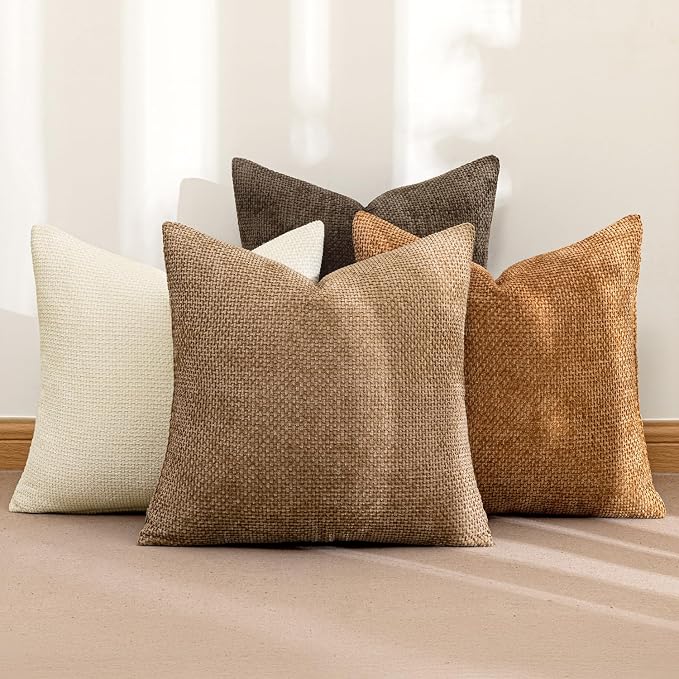 MIULEE Soft Decorative Chenille Fall Pillow Covers Brown 16x16 Pack of 4 | Rustic Home Decor, Layered Brown Collection, Couch Throw Pillows, Farmhouse Boho Cushion Covers for Sofa Bed Living Room