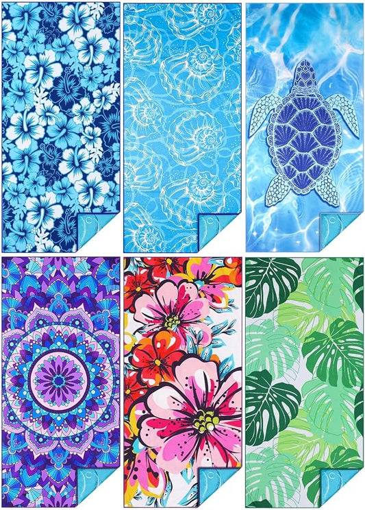 TwoYek 6 Pack Microfiber Thin Beach Towel Lightweight 71x32 Oversized Extra Large Sand Free Towels Quick Dry for Travel Pool Yoga Gym Sports Beach Accessories Vacation Essential Gift