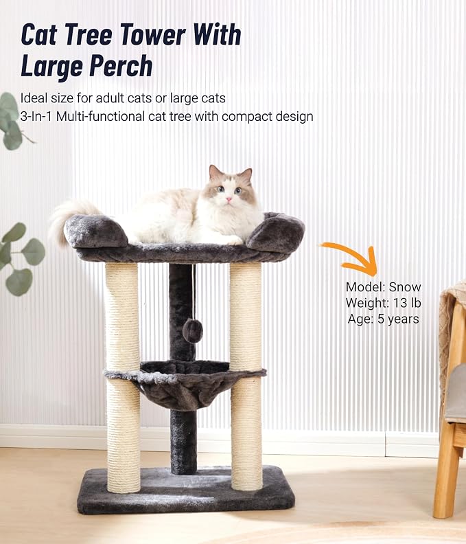 28" Cat Tree, Large Bed for Big Cats, Small Cat Tower with Soft Perch for Window Viewing, Stable Cat Tree Tower, Cat Scratching Post with Hammock, Removable Cover-Gray