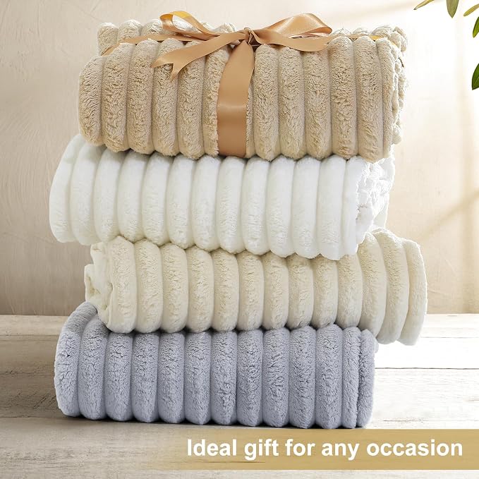 decorUhome Light Grey Fleece Twin Blanket 60x80 Inches | Soft Couch Cozy Fluffy Plush Flannel Striped Blanket for Sofa Bed, Lightweight Decorative Ribbed Fuzzy Blanket for Woman