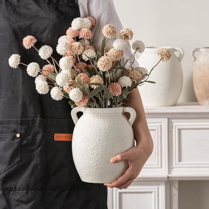 Dobbyby Ceramic Flower Vase 7.6 inch Farmhouse Rustic Vase Decorative Pottery Terracotta Vases for Home Decor Table Mantle Fireplace Living Room Bathroom Wedding Centerpiece (White-Upgraded)