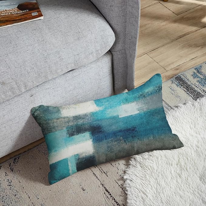 Throw Pillow Covers Set of 2, 12 x 20 Inch, Teal Peacock Blue | Abstract Modern Art Outdoor Decorative Square Pillow Cases Couch Cushion Case for Couch Bed Sofa Living Room Home Decor