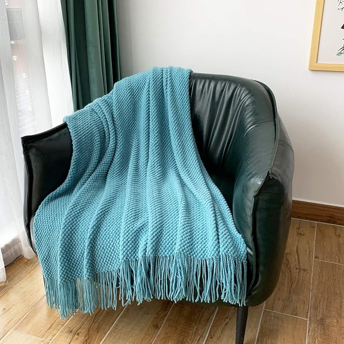 LOMAO Knitted Throw Blanket with Tassels Bubble Textured Lightweight Throws for Couch Cover Home Decor (Lake Blue, 50x60)
