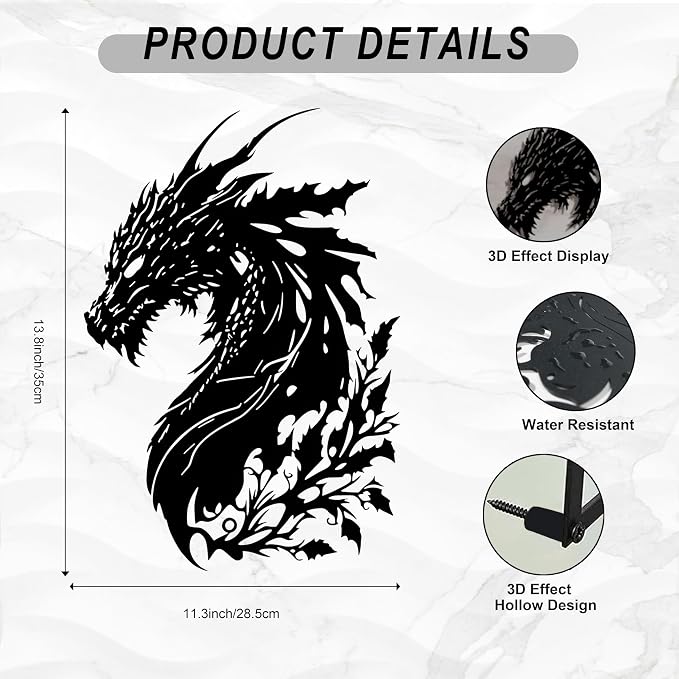 Black Metal Dragon Wall Art, 3D Medieval Decor for Men Cave, Fantasy Gift | 3D black dragon wall sculpture, perfect medieval fantasy decor for man caves, game rooms, or unique gifts