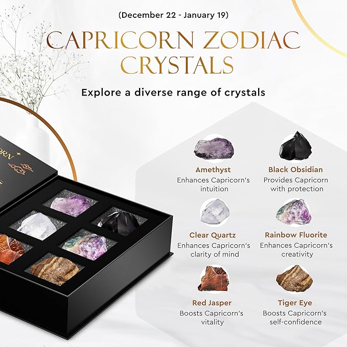 Wyspell Capricorn Crystal Set - 6 Capricorn Crystals and Healing Stones - Capricorn Gifts for Women - Capricorn Birthday Gifts for Women - Astrology Gifts for Women - Zodiac Crystal Set - Healing Gift