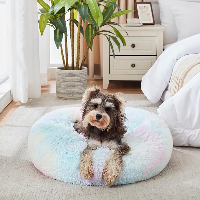 Western Home Calming Donut Small Dog Cat Bed Washable Puppy Bed,24" Rainbow | Fluffy Faux Fur Round Cuddler,Anti-Anxiety,Anti-Slip Bottom,Pet Beds for Puppy&Small Dogs&Large Cat,Up to 25 LBS