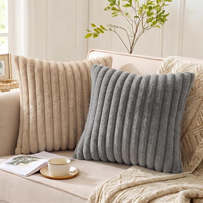 Pack of 2 Throw Pillow Covers 20x20 Decorative Solid Plush Faux Fur with Soft Velvet Back, Square Striped Cushion Cases Modern Farmhouse Home Decor for Living Room Couch Sofa Bed Dark Gray