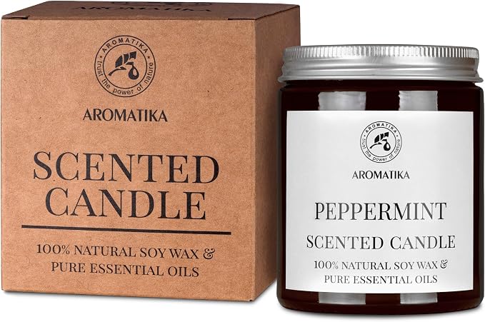 Scented Candle Peppermint - Soy Wax Candles with Essential Oil - Aromatherapy Candle - Soywax 150g - Up to 45 Hours Burn Time - Home Scented Candles - Glass Candle Gift