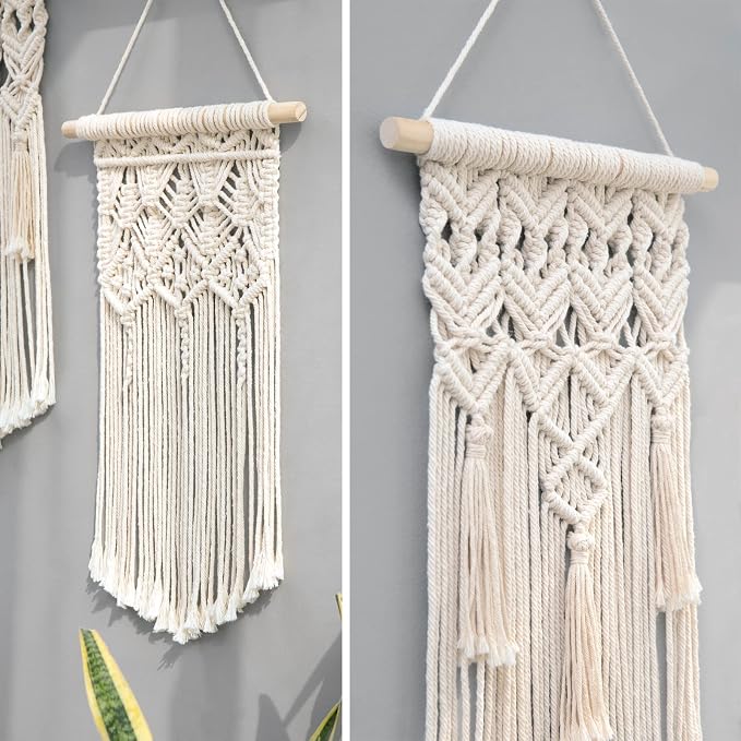 Mkono 2 Pcs Macrame Wall Hanging, Boho Woven Chic Tapestry Decor, Ivory | 18"L x 9.5"W, Bohemian Wall Decor, Hand-Woven Craft, Multi-Scene, Bedroom Nursery Living Room Apartment, Girls Adults Gift