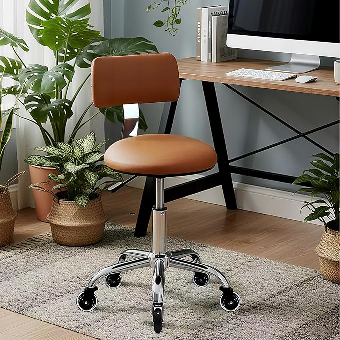 Rolling Stool Chair with Wheels, Height Adjustable Stool with Back Support, Heavy Duty Rolling Shop Chair with PU Leather Seat Cushion for Salon Spa Massage Kitchen Vanity Garage Tattoo Dentist(Camel)