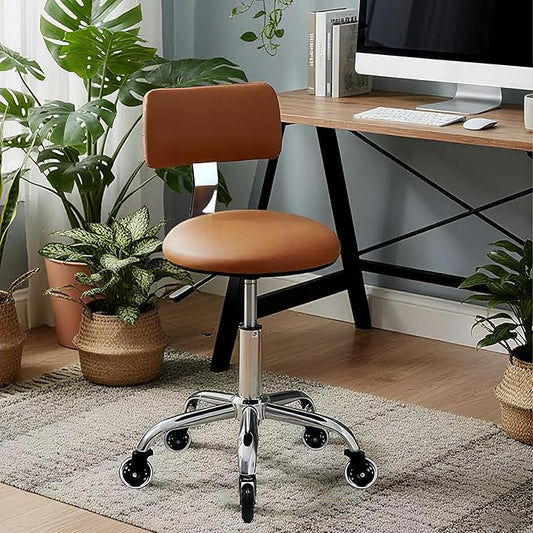 Rolling Stool Chair with Wheels, Height Adjustable Stool with Back Support, Heavy Duty Rolling Shop Chair with PU Leather Seat Cushion for Salon Spa Massage Kitchen Vanity Garage Tattoo Dentist(Camel)