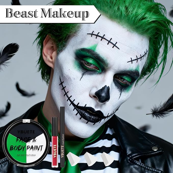 Halloween White Black Green Face Painting Kit For Beast Boy Monster Makeup, Baseball Softball Sport Games, Cosplay, Costume, Theme Parties and SFX Special Effect