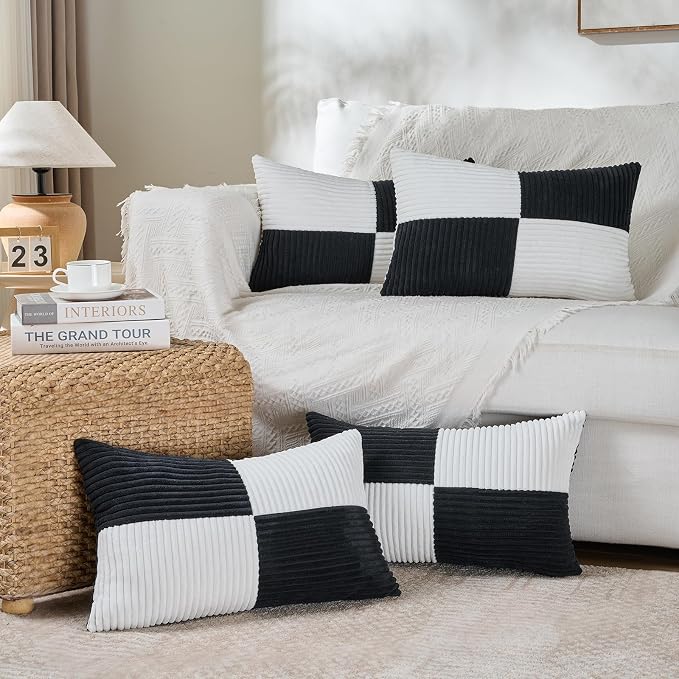 Fancy Homi Set of 1 Black and White Long Lumbar Decorative Throw Pillow Covers 12x24 Inch for Couch Bed Sofa, Modern Farmhouse Boho Home Decor, Soft Striped Corduroy Rectangle Cushion Case 30x60 cm