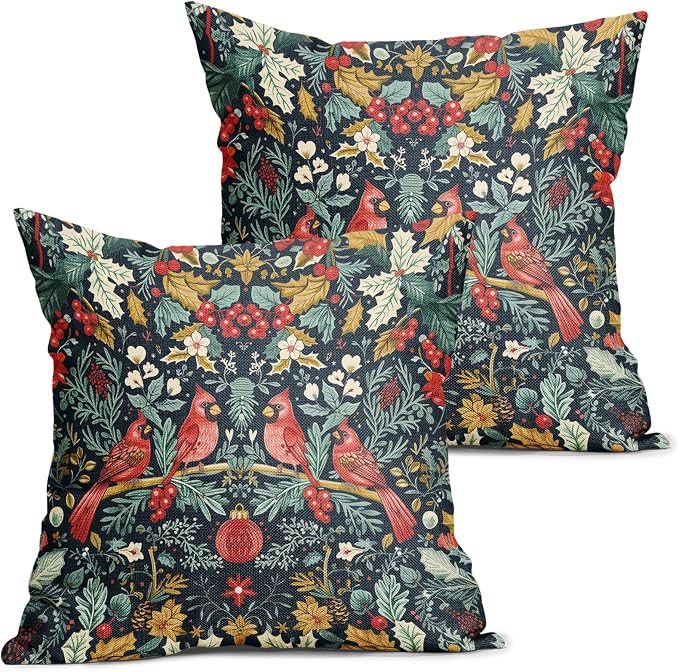 Christmas Pillow Covers 18X18 Inch Cardinal Red Birds Berry Leaves Decorative Pillow Cases Set of 2 Xmas Holiday Throw Pillows Home Decor for Sofa Couch Cushion Outdoor