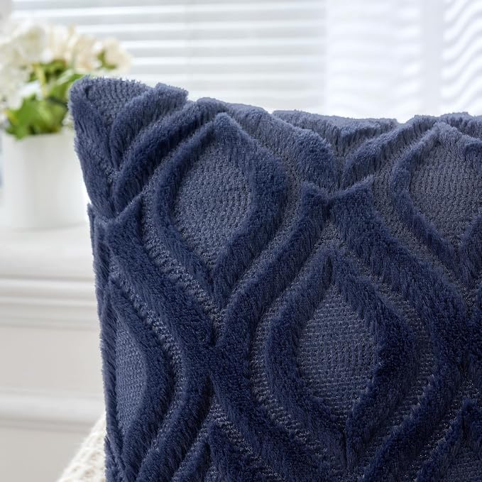 MIULEE Navy Blue Soft Plush Faux Wool Throw Pillow Covers 18x18 | Set of 2, Farmhouse Boho Home Decor, Decorative Cushion Covers for Sofa, Living Room, Bed