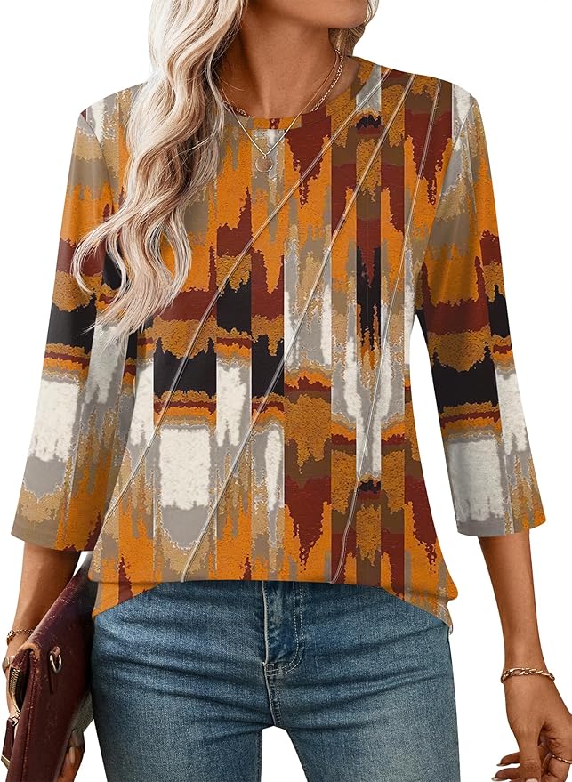 LOMON 3/4 Length Sleeve Womens Tops Spring Summer Fashion 2026 Tops Crew Neck Pleated Shirts Tunic Top Loose Fit