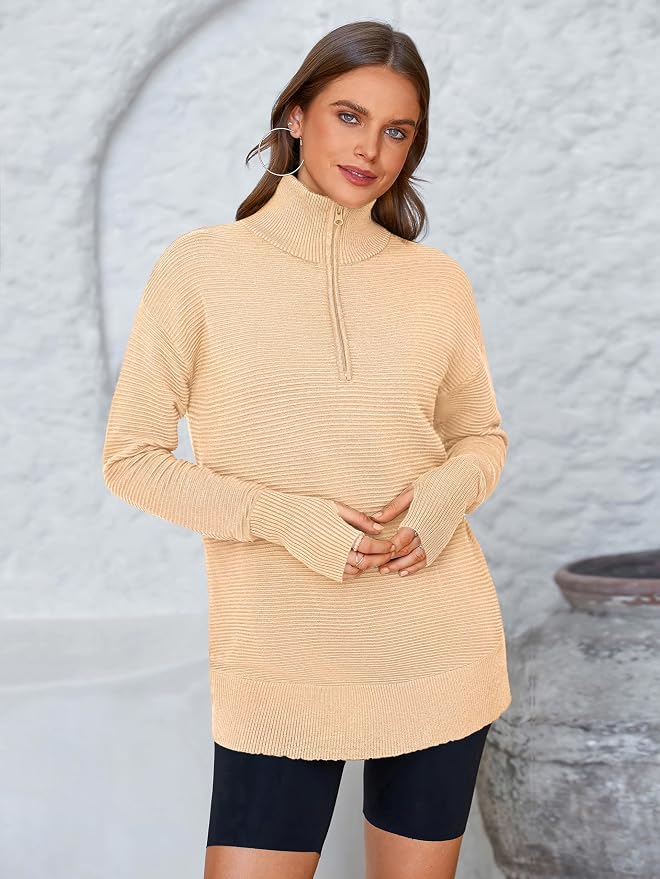 PRETTYGARDEN Womens Long Sleeve Quarter Zip Pullover Sweater Casual Loose V Neck Collared Ribbed Knit Jumper Tops Thumb Hole