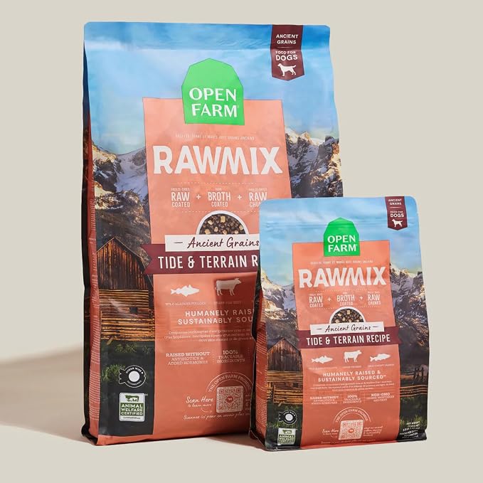 Open Farm RawMix Ancient Grains Dry Dog Food, Tide & Terrain Kibble, 20lb | Wild-Alaskan Pollock, Salmon, Grass-Fed Beef, Freeze Dried Raw Chunks, 100% Traceable Ingredients, 20lb Bag.