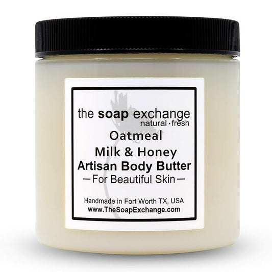 The Soap Exchange Body Butter - Oatmeal, Milk & Honey Scent - Hand Crafted 8 fl oz / 240 ml Natural Artisan Skin Care, Shea Butter, Aloe Vera, Nourish, Moisturize, & Protect. Made in the USA.