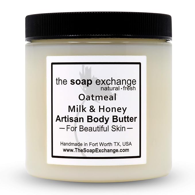 The Soap Exchange Body Butter - Oatmeal, Milk & Honey Scent - Hand Crafted 16 fl oz / 480 ml Natural Artisan Skin Care, Shea Butter, Aloe Vera, Nourish, Moisturize, & Protect. Made in the USA.